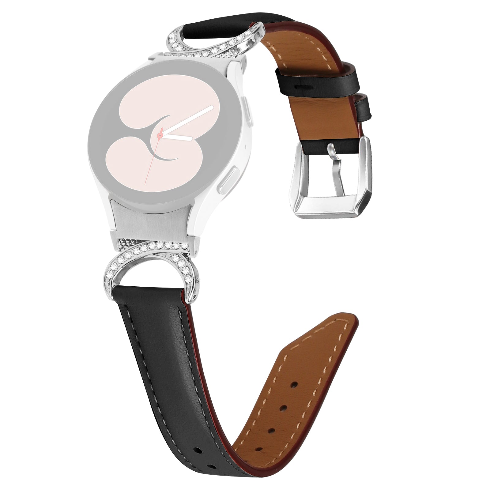 For Samsung Galaxy Watch6 40mm 44mm Watch6 Classic 43mm 47mm Watch 5 40mm 44mm Watch4 40mm 44mm Replacement Split Leather Strap Rhinestone D-shape Connector Wrist Band with Silver Buckle For Samsung Galaxy Watch6 40mm 44mm Watch6 Classic 43mm 47mm Watch 5 40mm 44mm Watch4 40mm 44mm Replacement Split Leather Strap Rhinestone D-shape Connector Wrist Band with Silver Buckle